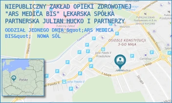 ODDZIAŁ JEDNEGO DNIA "ARS MEDICA BIS" - NIEPUBLICZNY ZAKŁAD OPIEKI ZDROWOTNEJ "ARS MEDICA BIS" LEKARSKA SPÓŁKA PARTNERSKA JULIAN HUCKO I PARTNERZY - UL. 1 MAJA 30,  NOWA SÓL