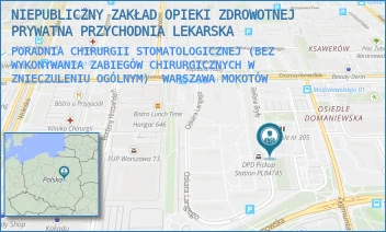 PORADNIA CHIRURGII STOMATOLOGICZNEJ (BEZ WYKONYWANIA ZABIEGÓW CHIRURGICZNYCH W ZNIECZULENIU OGÓLNYM) - NIEPUBLICZNY ZAKŁAD OPIEKI ZDROWOTNEJ PRYWATNA PRZYCHODNIA LEKARSKA - STEFANA BRYŁY 6,  WARSZAWA MOKOTÓW