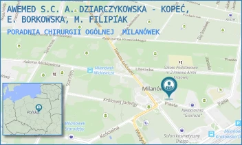 PORADNIA CHIRURGII OGÓLNEJ - AWEMED S.C. A. DZIARCZYKOWSKA - KOPEĆ, E. BORKOWSKA, M. FILIPIAK - PIASTA 30,  MILANÓWEK