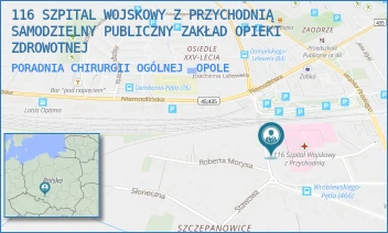 PORADNIA CHIRURGII OGÓLNEJ - 116 SZPITAL WOJSKOWY Z PRZYCHODNIĄ SAMODZIELNY PUBLICZNY ZAKŁAD OPIEKI ZDROWOTNEJ W OPOLU - UL. WALEREGO WRÓBLEWSKIEGO 46,  OPOLE