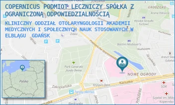 KLINICZNY ODDZIAŁ OTOLARYNGOLOGII AKADEMII MEDYCZNYCH I SPOŁECZNYCH NAUK STOSOWANYCH W ELBLĄGU - COPERNICUS PODMIOT LECZNICZY SPÓŁKA Z OGRANICZONĄ ODPOWIEDZIALNOŚCIĄ - UL. POWSTAŃCÓW WARSZAWSKICH 1-2,  GDAŃSK