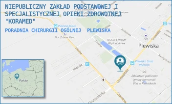 PORADNIA CHIRURGII OGÓLNEJ - NIEPUBLICZNY ZAKŁAD PODSTAWOWEJ I SPECJALISTYCZNEJ OPIEKI ZDROWOTNEJ "KORAMED" - GRUNWALDZKA 571,  PLEWISKA